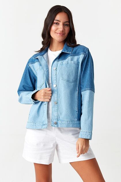 Color-Blocked Denim Jacket with Blue Pocket Detail