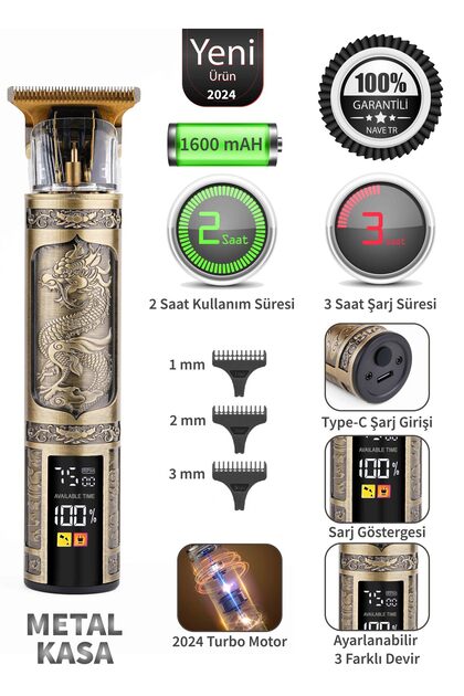 ネコマジン Nave N9 Led Ekranlı Çelik Kasa Profesyonel T-bıçak Saç Sakal, Ense