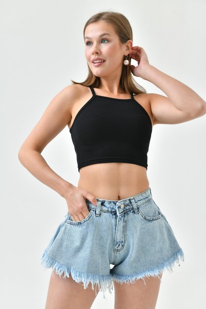 Women's Leg Toe Tassel Detailed High Waist Lycra Free Flounced Fit Light Blue Denim Shorts 70355