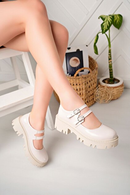 ユリカアクツ　baroque pearl Nexs Kadın Bej Rugan Harajuku Tarz Lolita Çift Bant Ayakkabı