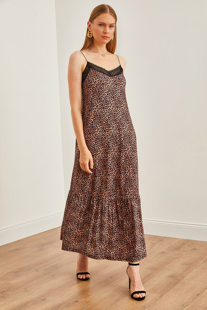 Women's Camel Black Lace Detailed Leopard Flowy Dress Elb- 19002193