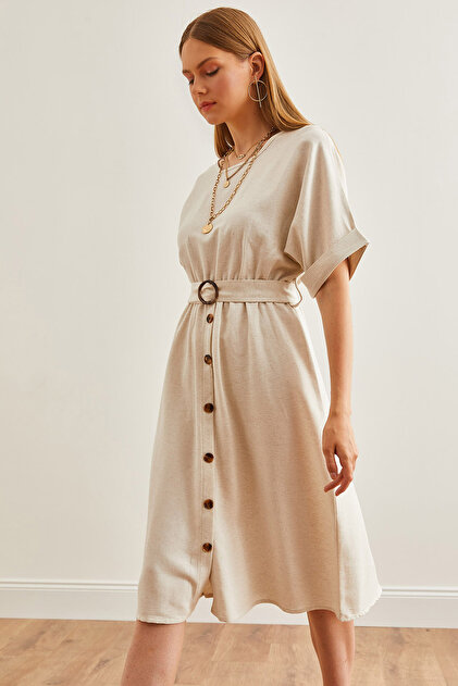 knee length dresses for ladies Linen Buttoned Midi Dress – Endless Rose main image 1