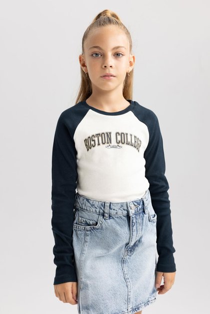 Girl's Crop Crew Neck Printed Ribbed Camisole Long Sleeve T-Shirt A7896A823Au