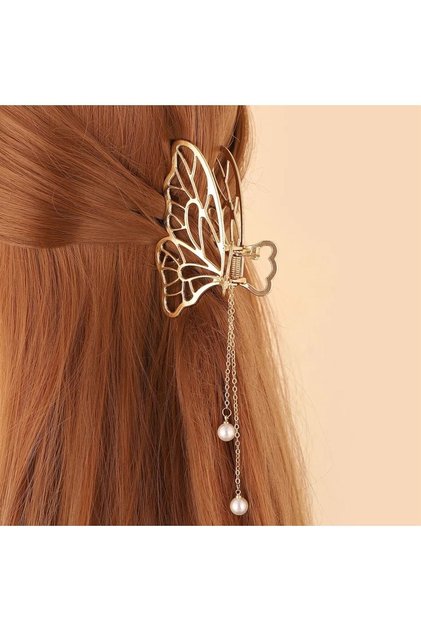 Pearl Dangle Gold Butterfly Metal Latch Buckle Glpş-910
