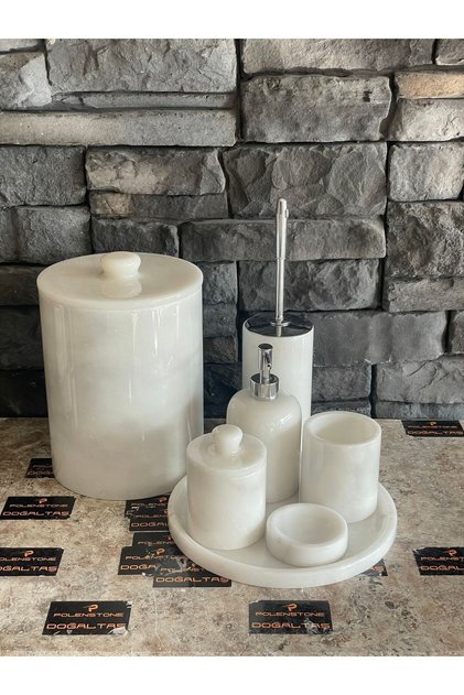 New White Marble Handled 7-Piece Bathroom Set with Large Trash Can 25x20