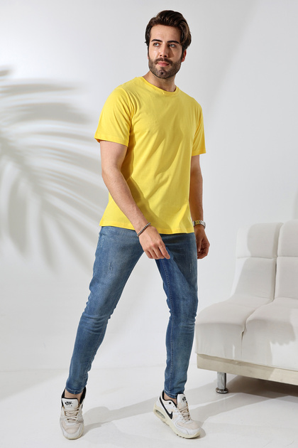 Men's 100% Cotton Combed Cotton Compact Crew Neck Comfort Fit Basic T-Shirt 21751 Light Yellow