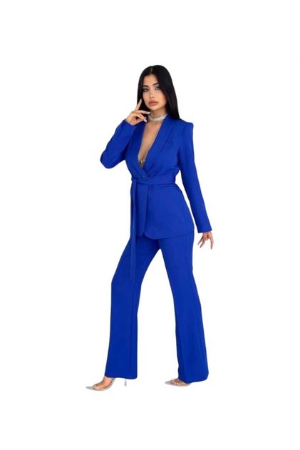 Kadın Takım Elbise, Kemerli Şal Yaka Blazer Ceket Boru Paça Esnek Pantolon