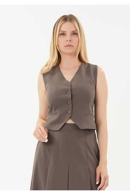 V-Neck Woven Stylish Mink Vest with Belt Detail