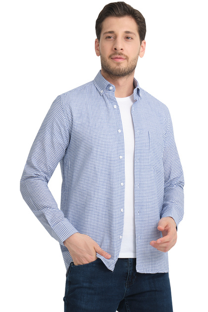 Men's Blue Linen Effect Checkered Wide Cut Long Sleeve Shirt with Pockets