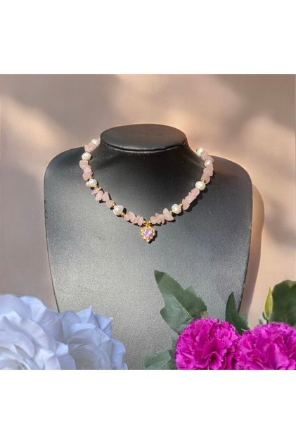 Rapunzel Princess of Corona Pink Quartz Natural Stone and Natural Pearl Necklace