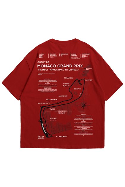 Unisex Kırmızı Formula 1 Monaco Grand Prix Baskılı Oversize Bisiklet Yaka Kısa Kollu T-Shirt