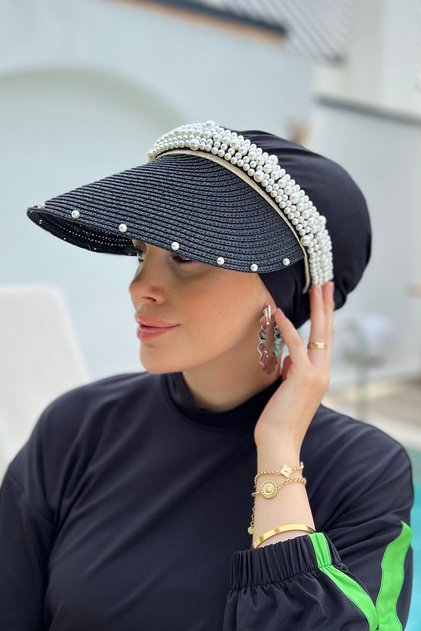 Pearl Visor Straw Hat Sunscreen Visor Rş-95 Black