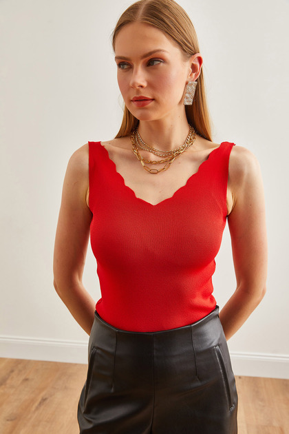 Red V-Neck Knitwear Women's Blouse - BLZ-19002668