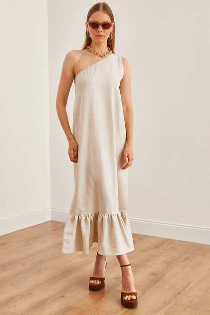 Women's Stone One Shoulder Ruffled Loose Linen Dress Elb- 19002197