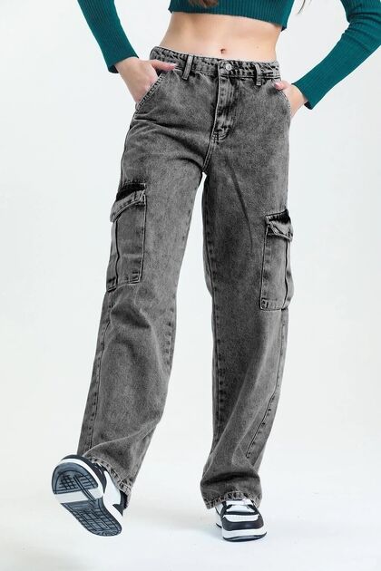 Girl's Cargo Pocket Detailed High Waist Wide Leg Jeans