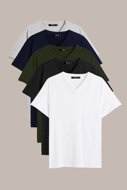 Men's Multi-Colored 100% Cotton T-Shirt Regular Fit Comfortable Cut V-Neck 5-Pack Basic T-Shirt