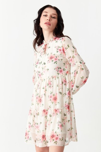 Women's White Ruffled Floral Print Chiffon Dress
