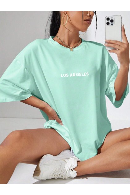 Tricou unisex pentru femei/bărbați LOS ANGELES, colorat, cu imprimeu personalizat, din bumbac oversize, fin, cu guler rotund