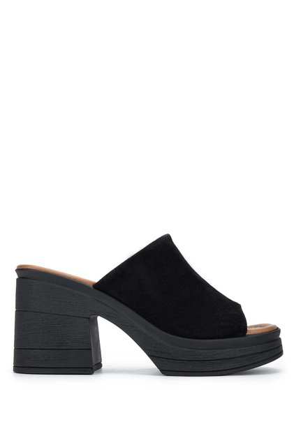 Women's Genuine Leather Black Suede Heeled Slippers