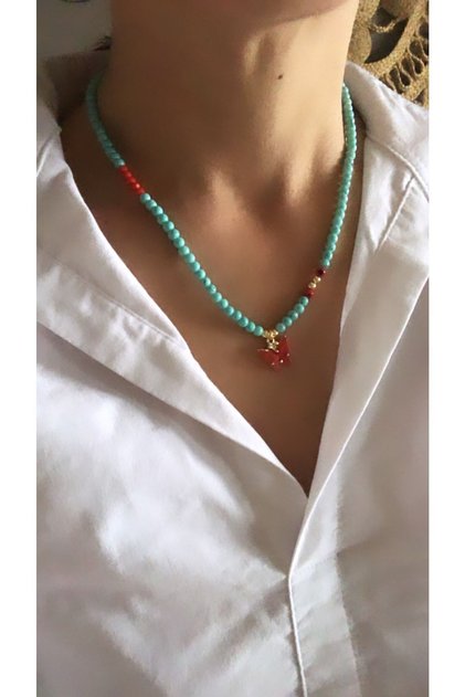 Red Butterfly Blue Bead Necklace