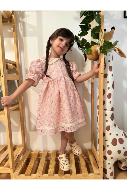 Pink Flower Patterned Cotton Embroidered Girls' Dress
