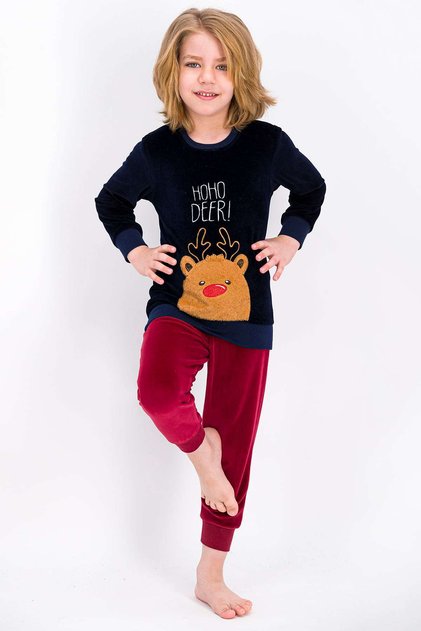 Boy's Velvet Pajama Set - Rolypoly Hoho Deer Navy Blue