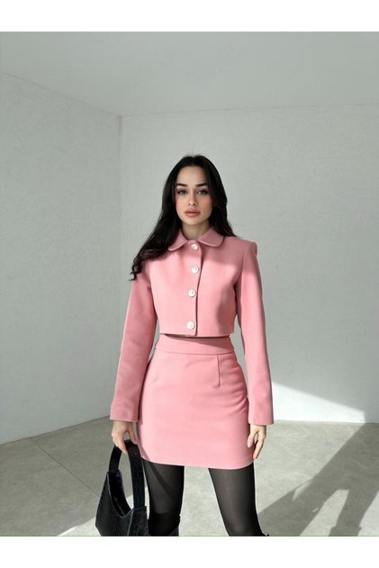 Düğme Detaylı Kaşe Pembe Takım