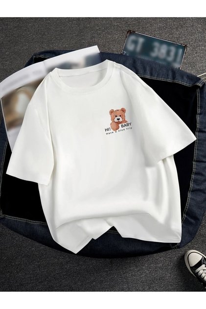 Teddy Bear Pocket Detailed Oversize Loose Cut Loose T-Shirt - Black and White Short Sleeve Crew Neck Colorful