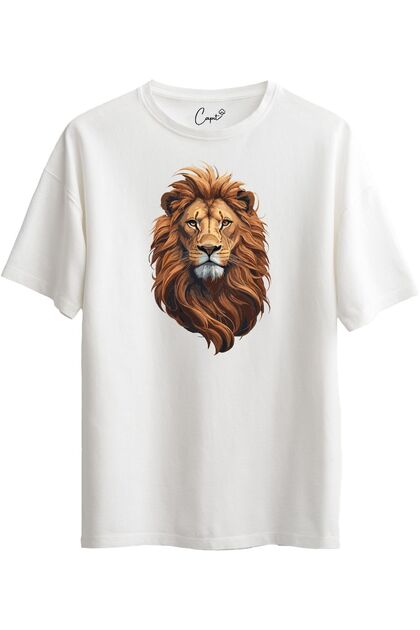Cotton Lion Printed White Short Sleeve Oversize T-Shirt