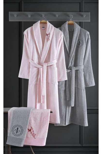 Alya Embroidered Cotton 4 Piece Family Bathrobe Set Pink I Gray