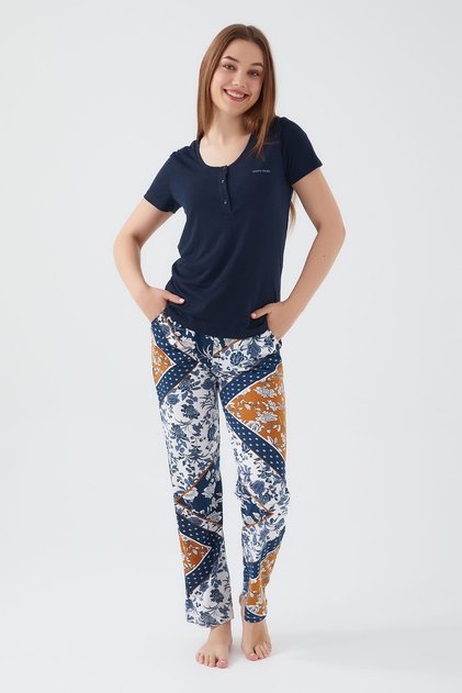 Flowered Leaves Navy Blue Women's Short Sleeve Pajama Set