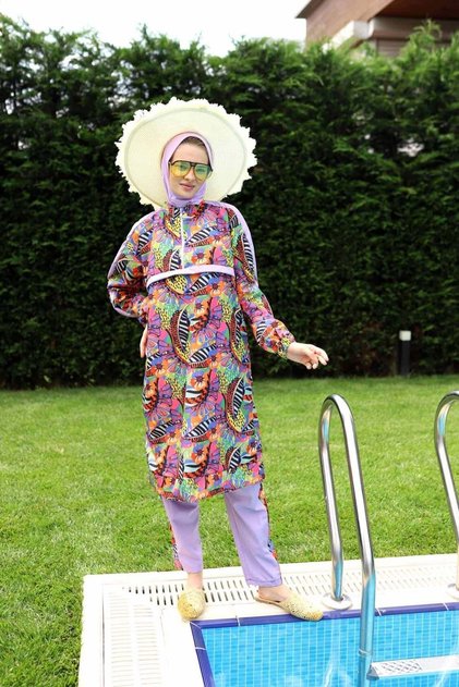 Lila Shine Desen Paraşüt Kumaş Büyük Beden Tesettür Mayo