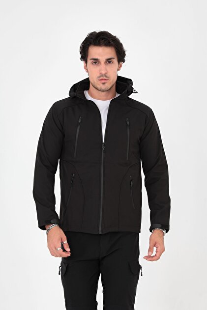 Camp455 Outdoor Softshell Su Ve Rüzgara Dayanıklı Içi Polar Seyyar Kapüşonlu Erkek Siyah Taktik Mont