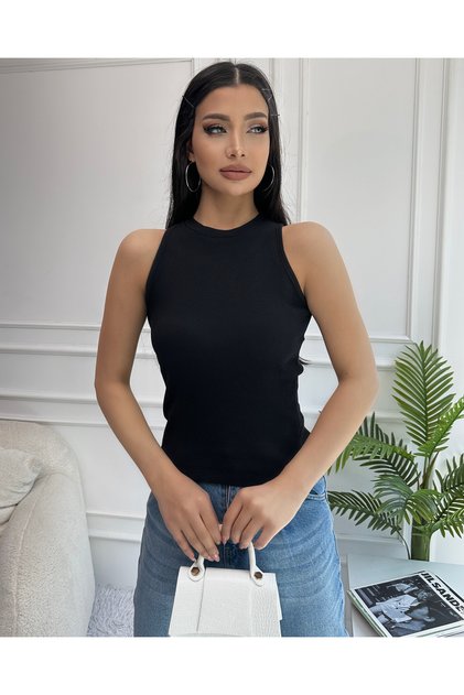 Women's Black Halter Neck Ribbed Knitted Blouse