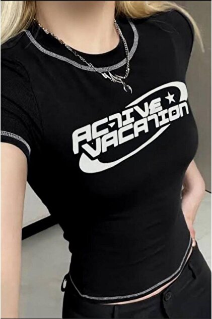EDVESS İnce Retro Tişört Kısa Kollu Siyah Crop Y2k Harajuku Slim