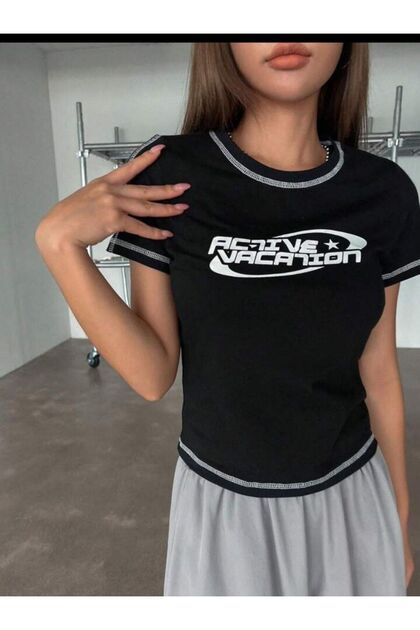 EDVESS İnce Retro Tişört Kısa Kollu Siyah Crop Y2k Harajuku Slim