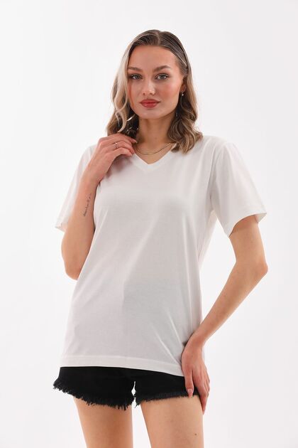 White V-Neck T-Shirt (Plain Without Pattern) 100% Cotton