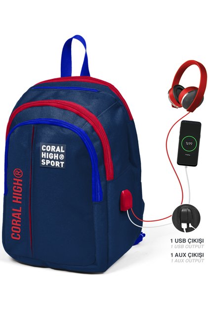 Sport Lacivert Kırmızı Beş Bölmeli Usb Şarjlı Kulaklık Çıkışlı Sırt Çantası 23242