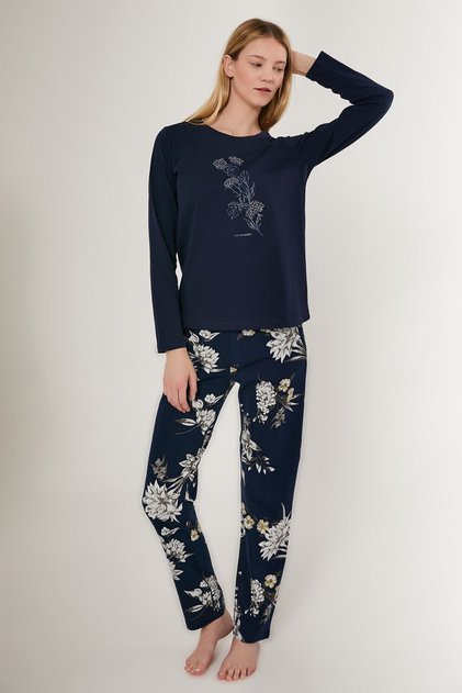 Rose Pattern Navy Blue Women's Long Sleeve Pajama Set