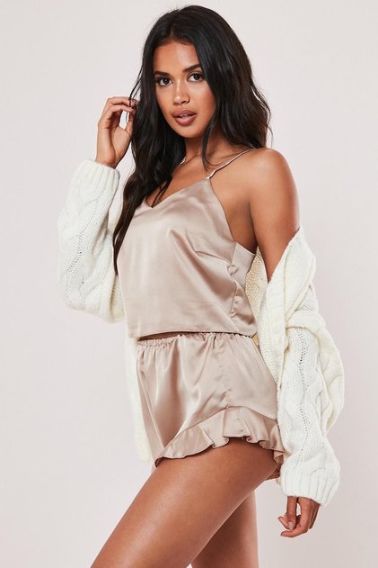Cream Satin Pajama Set with Shorts