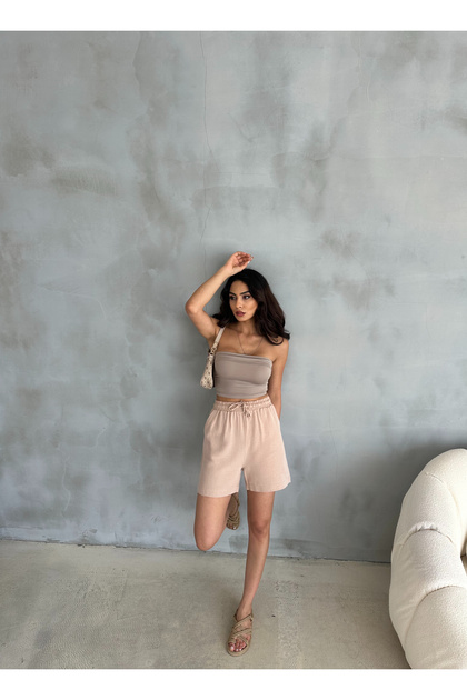 High Waist, Elastic Waist, Pocketed Flared Linen Summer Mink Shorts