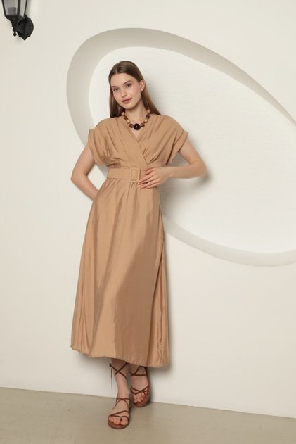 Kemerli Midi Nude Elbise
