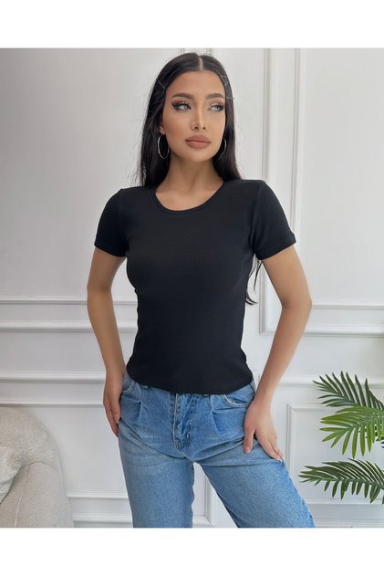Women's Black Crew Neck Ribbed Knitted Blouse