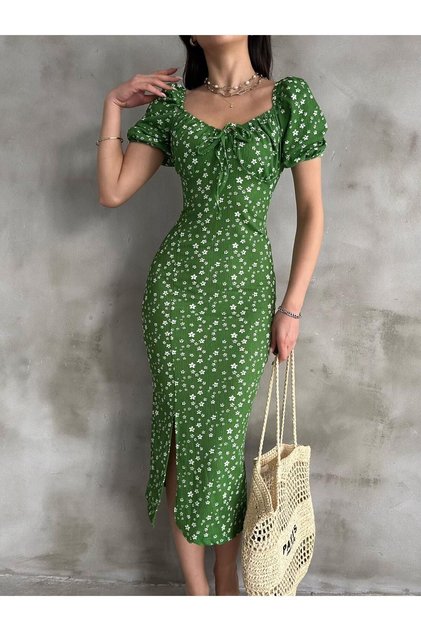 Women's Madonna Collar Knee Length Midiboy Slit Floral Dress