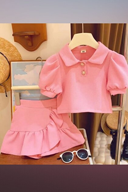 Lakost Fabric Shorts Skirt Balloon Sleeve T-shirt Girl's Top and Bottom Set (BUY 1 YEARS OLD)
