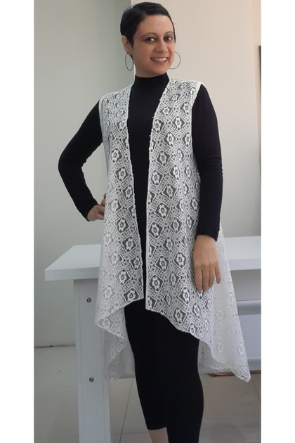 Off-white loose-fitting Shawl Collar Lace Vest