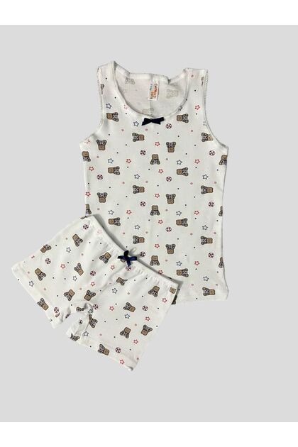 Girl's Cotton Teddy Bear Patterned White Athlete Boxer Set
