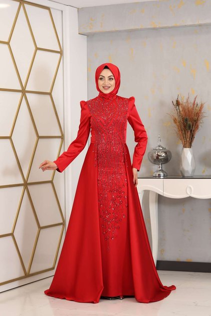 Drop Hijab Evening Dress - Tailed and Embroidered