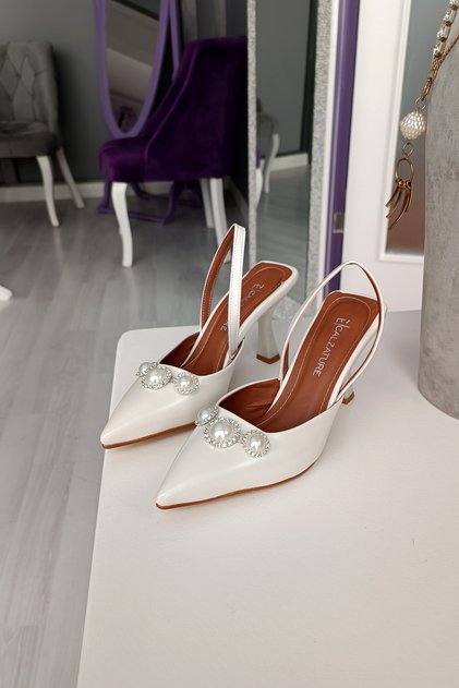 Pearl Leather Back Strap 9 cm Square Heeled Pearl Wedding Dress Women's Shoes