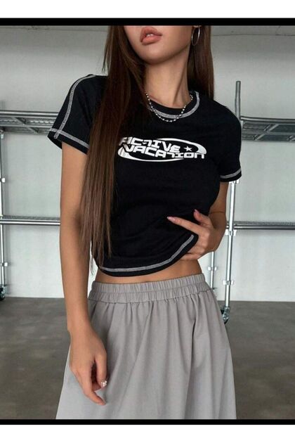 EDVESS İnce Retro Tişört Kısa Kollu Siyah Crop Y2k Harajuku Slim